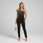 Women's One Shoulder Embellished Jumpsuit with Tie Belt – Formal Evening & Cocktail
