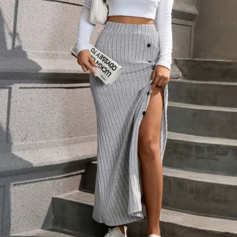 Women's Fitted Long Maxi Skirt with Button Side Slit – Workwear & Evening Skirt