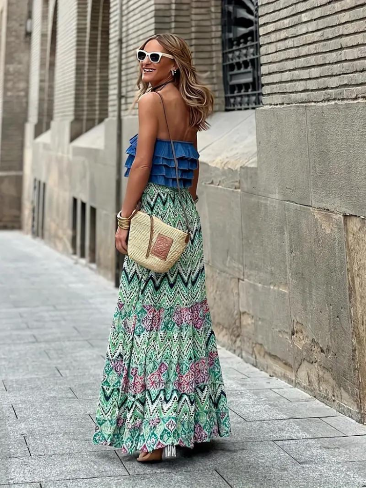 Women's Tiered Maxi Skirt with Mixed Print – Long Boho Skirt for Summer and Holiday