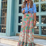 Women's Tiered Maxi Skirt with Mixed Print – Long Boho Skirt for Summer and Holiday