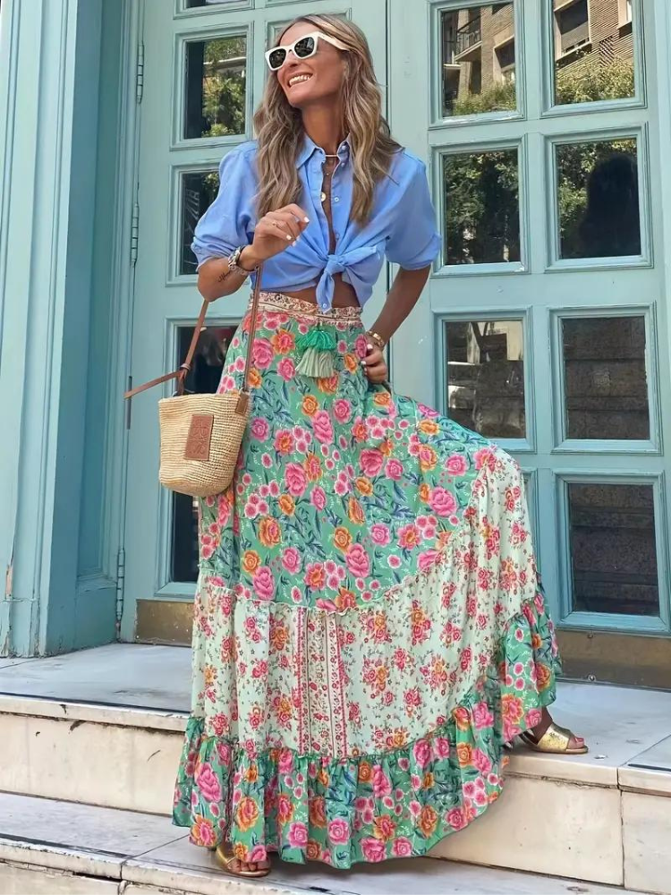 Women's Tiered Maxi Skirt with Mixed Print – Long Boho Skirt for Summer and Holiday