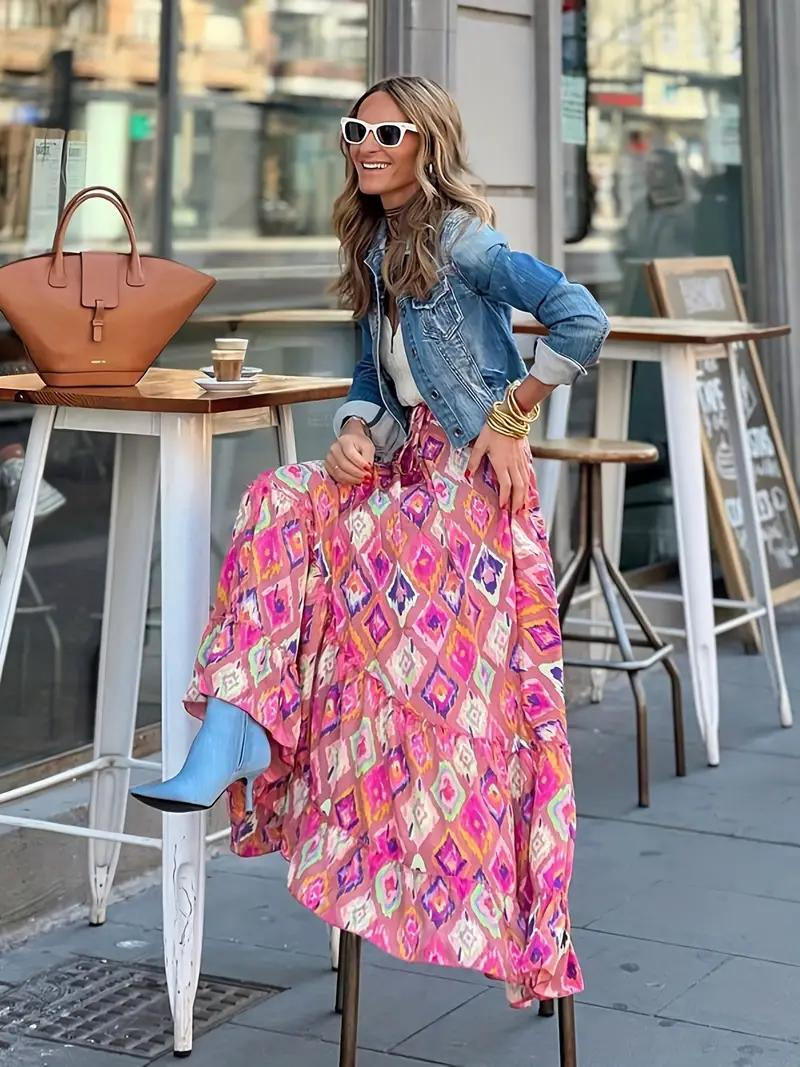Women's Tiered Maxi Skirt with Mixed Print – Long Boho Skirt for Summer and Holiday