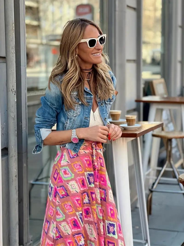 Women's Tiered Maxi Skirt with Mixed Print – Long Boho Skirt for Summer and Holiday
