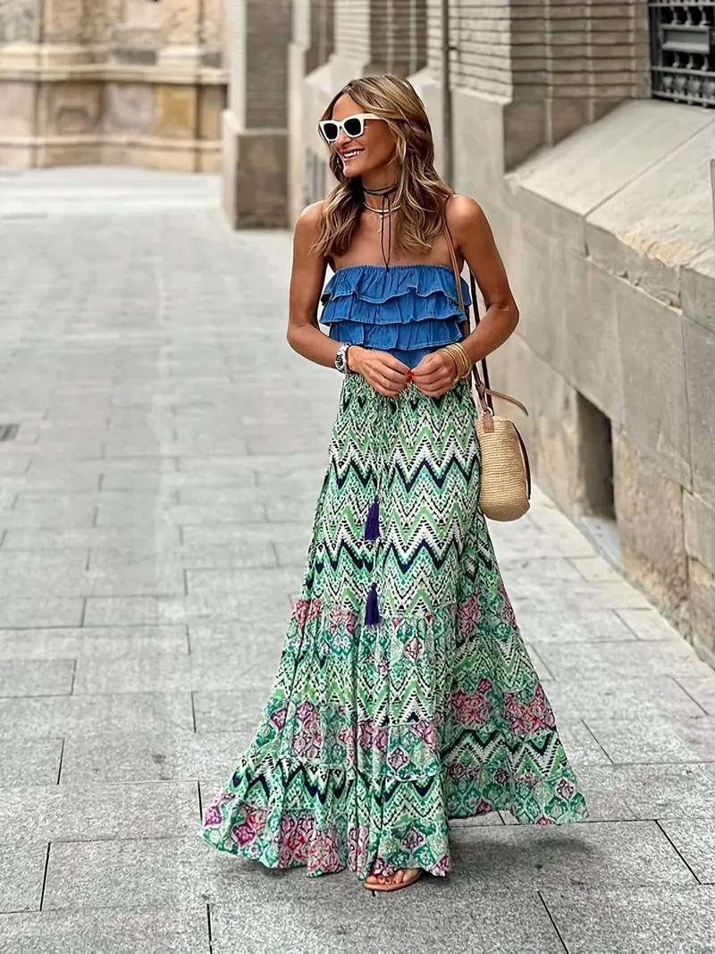 Women's Tiered Maxi Skirt with Mixed Print – Long Boho Skirt for Summer and Holiday