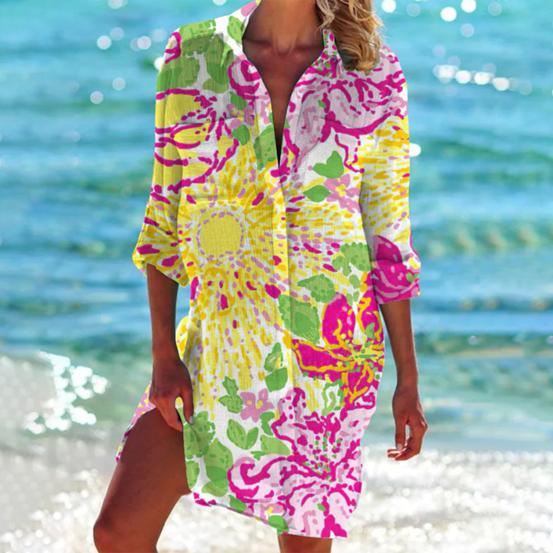 Women's Button Down Shirt Dress with Print – Relaxed Beach Cover Up for Summer Holidays