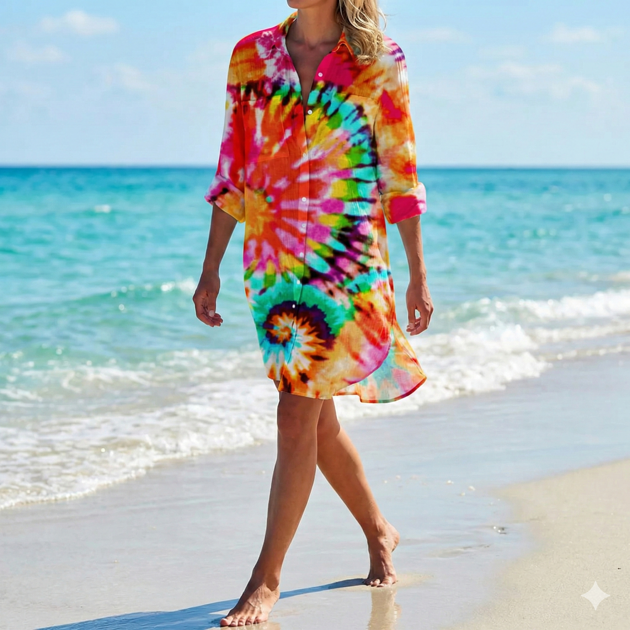 Women's Button Down Shirt Dress with Print – Relaxed Beach Cover Up for Summer Holidays