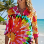 Women's Button Down Shirt Dress with Print – Relaxed Beach Cover Up for Summer Holidays