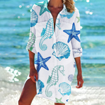 Women's Button Down Shirt Dress with Print – Relaxed Beach Cover Up for Summer Holidays