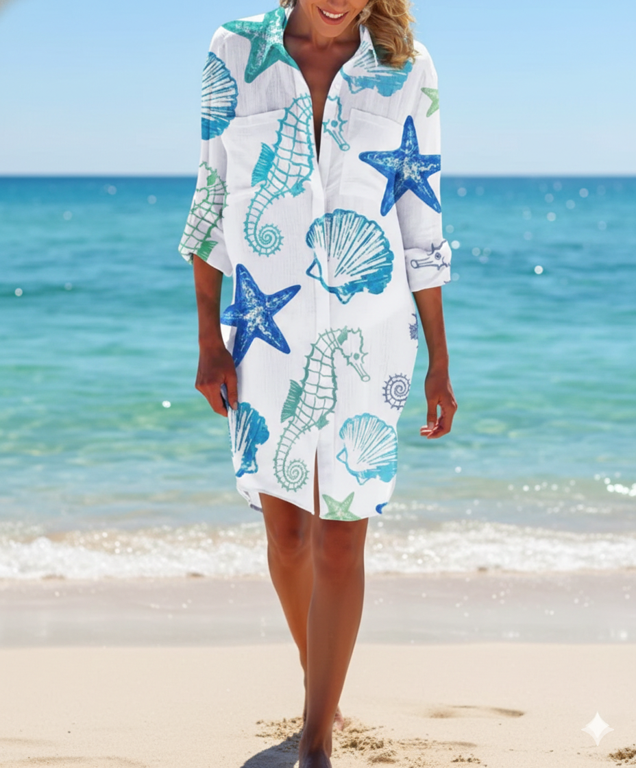 Women's Button Down Shirt Dress with Print – Relaxed Beach Cover Up for Summer Holidays