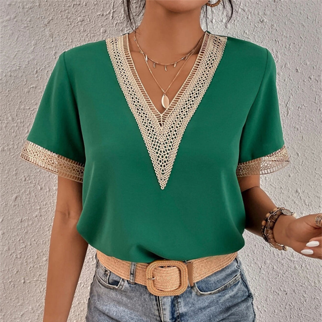 Women's V-Neck Short Sleeve T-Shirt with Crochet Trim – Casual Summer Tee