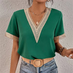 Women's V-Neck Short Sleeve T-Shirt with Crochet Trim – Casual Summer Tee