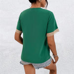 Women's V-Neck Short Sleeve T-Shirt with Crochet Trim – Casual Summer Tee