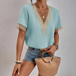Women's V-Neck Short Sleeve T-Shirt with Crochet Trim – Casual Summer Tee