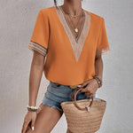 Women's V-Neck Short Sleeve T-Shirt with Crochet Trim – Casual Summer Tee