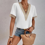 Women's V-Neck Short Sleeve T-Shirt with Crochet Trim – Casual Summer Tee