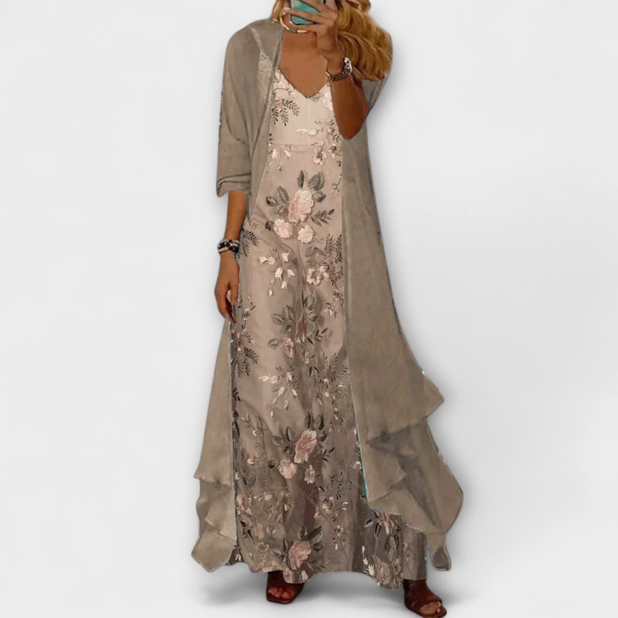 Women's Floral V-Neck Maxi Dress & Longline Jacket Two-Piece Set – Summer Wedding Guest