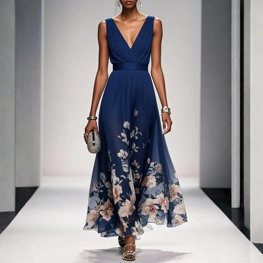 Women's Floral Print V-Neck Maxi Dress with Ruched Bodice & Flutter Sleeves – Wedding Guest