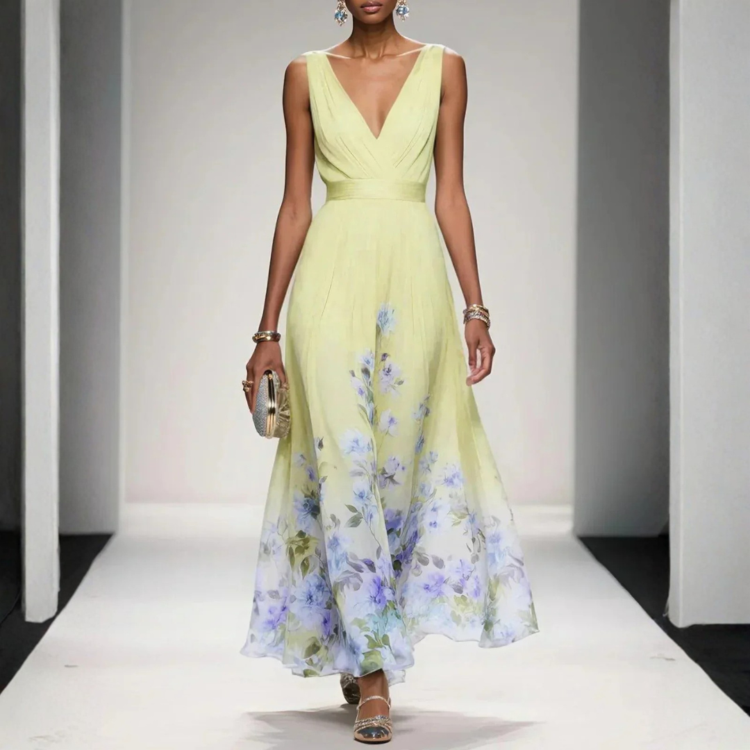 Women's Floral Print V-Neck Maxi Dress with Ruched Bodice & Flutter Sleeves – Wedding Guest