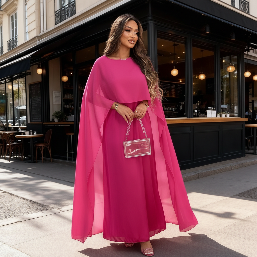 Women's Satin Cape Maxi Dress with Boat Neck – Formal Evening & Wedding Guest Gown