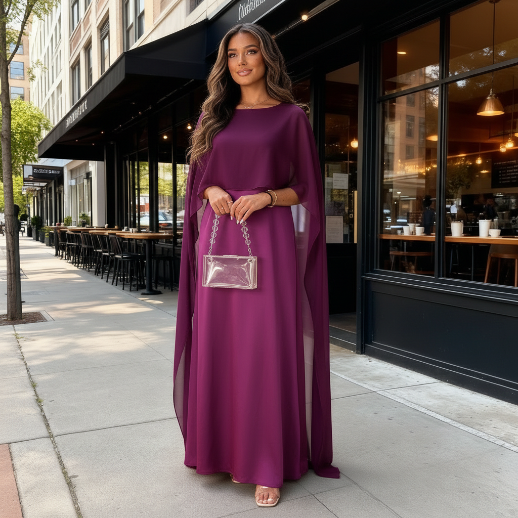Women's Satin Cape Maxi Dress with Boat Neck – Formal Evening & Wedding Guest Gown
