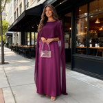 Women's Satin Cape Maxi Dress with Boat Neck – Formal Evening & Wedding Guest Gown