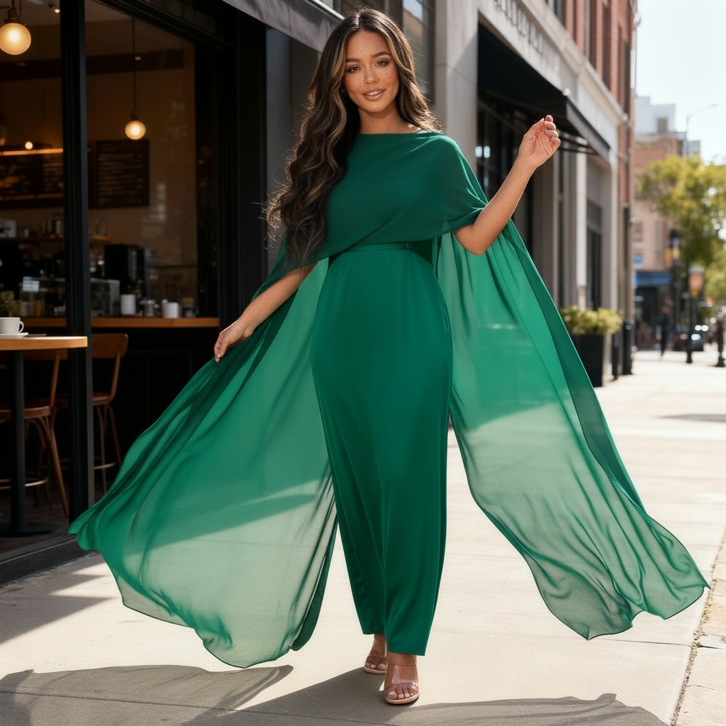 Women's Satin Cape Maxi Dress with Boat Neck – Formal Evening & Wedding Guest Gown