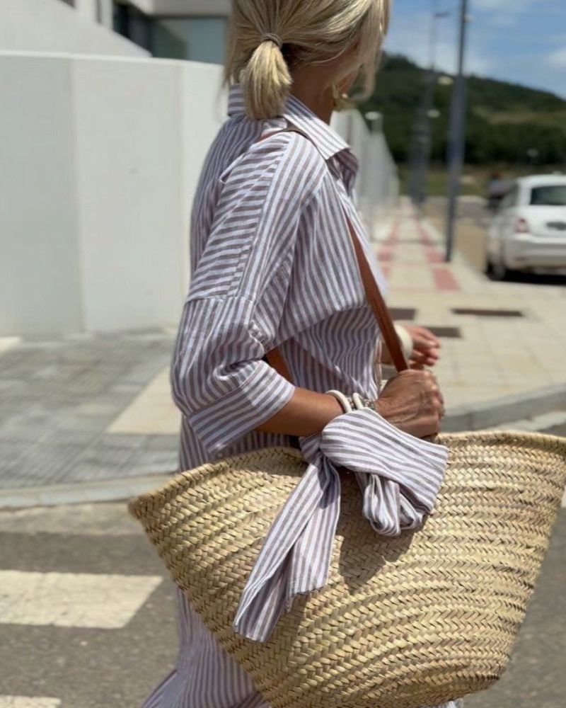 Women's Striped Button Front Shirt Midi Dress – Casual Summer Dress for Brunch