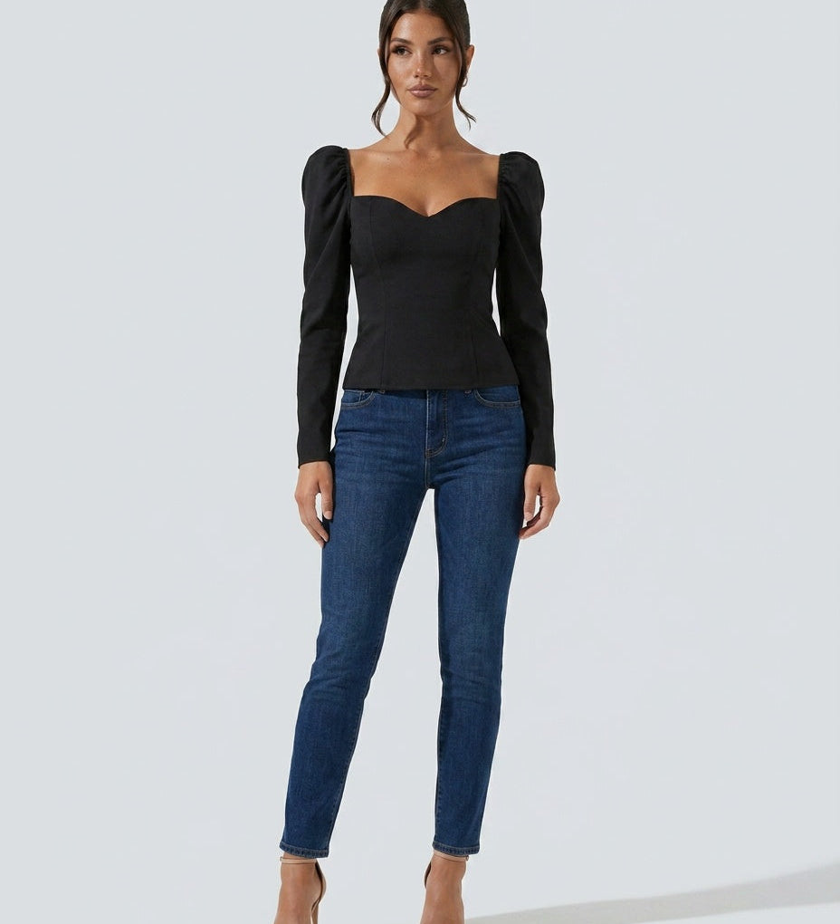 Women's Cropped V-Neck Puff Sleeve Knit Top – Slim Fit Stretch Knit Evening Top