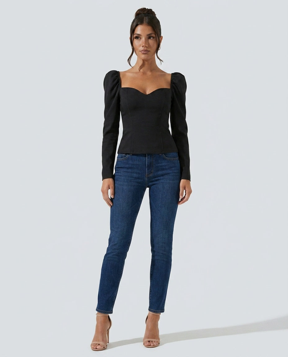 Women's Cropped V-Neck Puff Sleeve Knit Top – Slim Fit Stretch Knit Evening Top