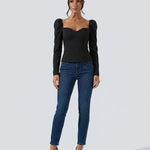 Women's Cropped V-Neck Puff Sleeve Knit Top – Slim Fit Stretch Knit Evening Top