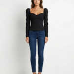 Women's Cropped V-Neck Puff Sleeve Knit Top – Slim Fit Stretch Knit Evening Top