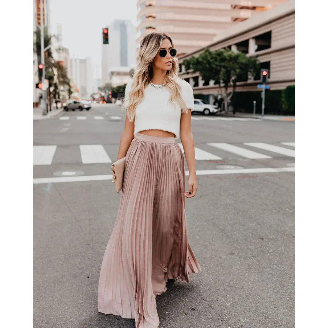 Women's Pleated Maxi Skirt with Elastic Waist – Elegant Flowing Summer Skirt
