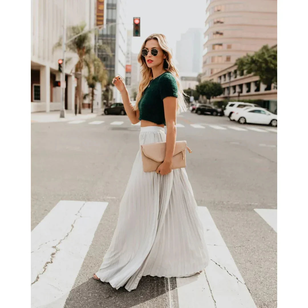 Women's Pleated Maxi Skirt with Elastic Waist – Elegant Flowing Summer Skirt