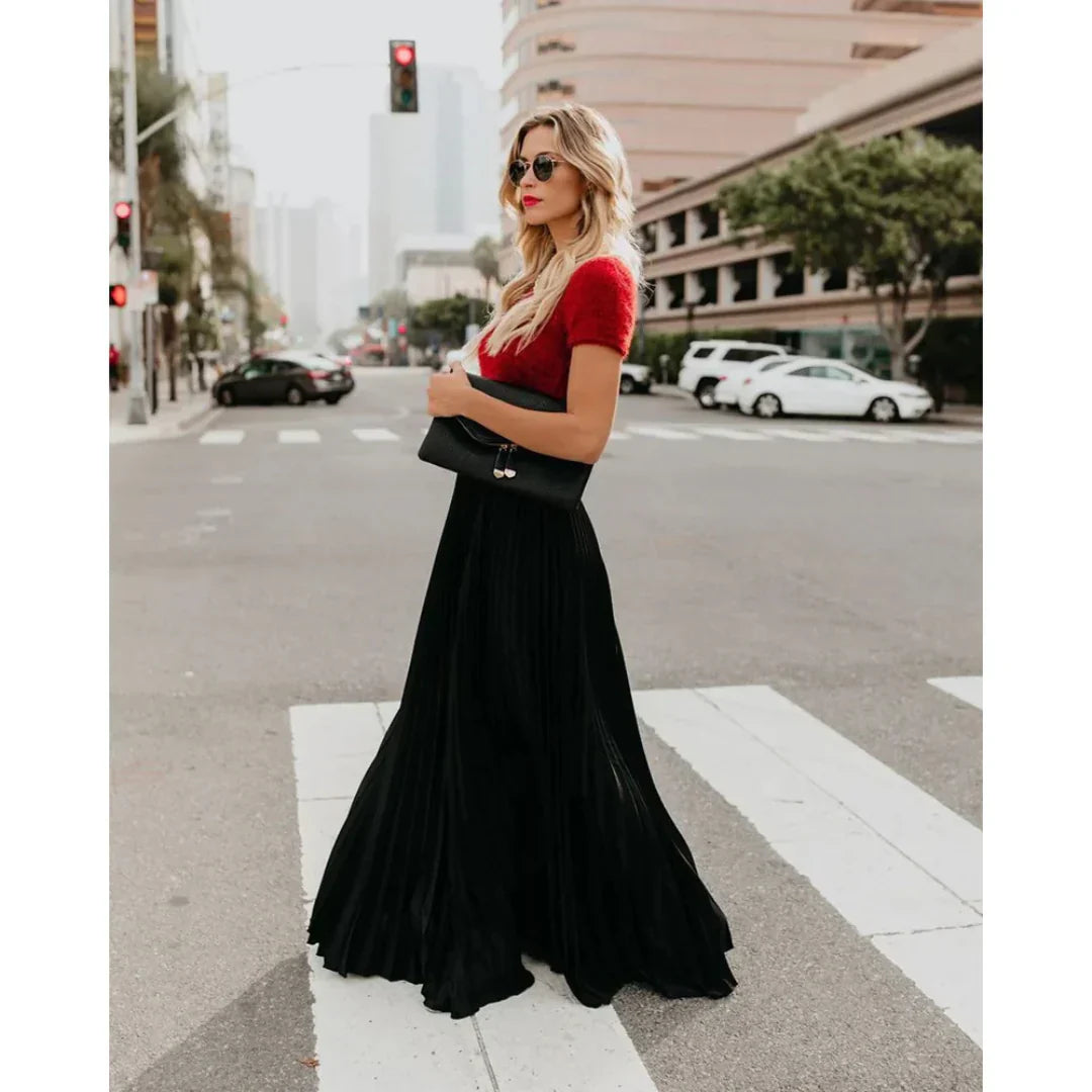 Women's Pleated Maxi Skirt with Elastic Waist – Elegant Flowing Summer Skirt