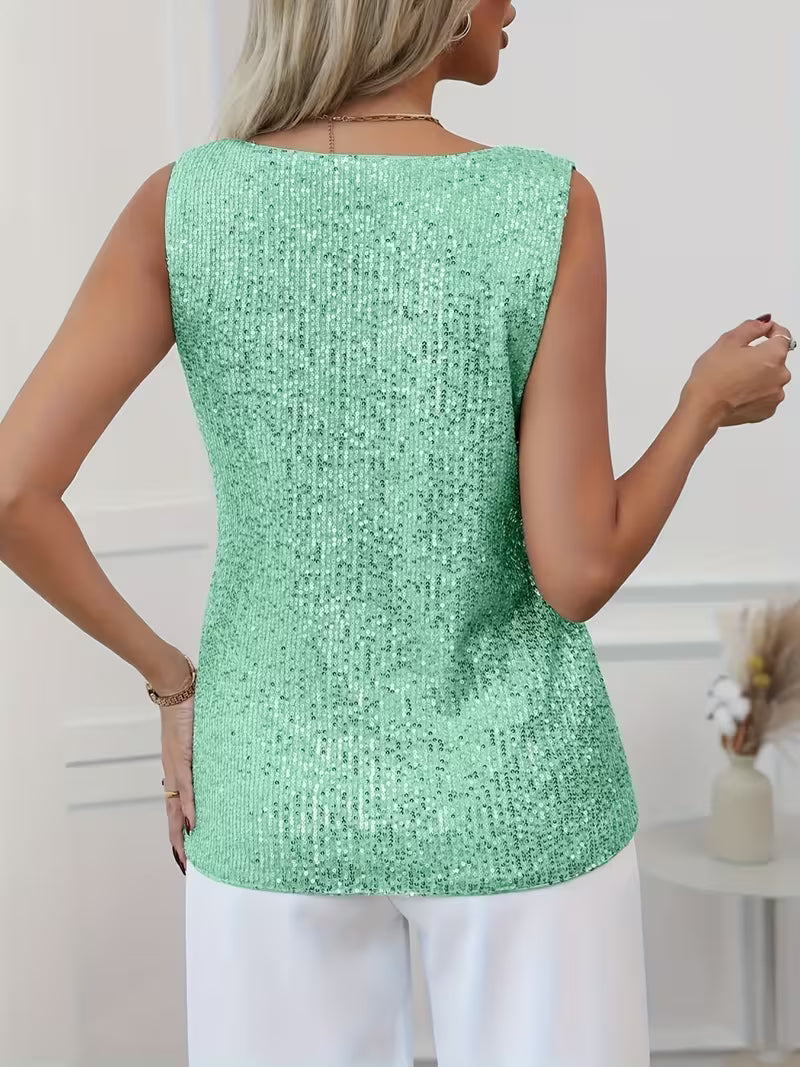 Women's Sequin Glitter V-Neck Tank Top – Sparkly Party & Evening Going Out Top