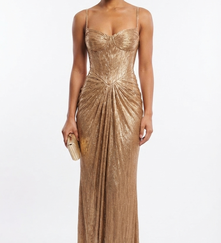 Women's Gold Metallic Corset Maxi Dress – Glamorous Evening Gown, Formal & Gala Dress