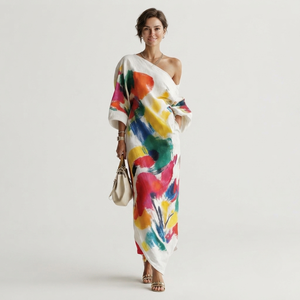 Women's Artistic Abstract Print Maxi Dress – Elegant Summer Evening & Occasion Dress