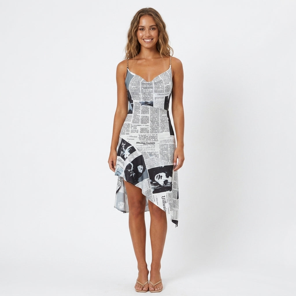 Women's Strapless Asymmetric Mini Dress with Print – Summer Evening and Party Dress