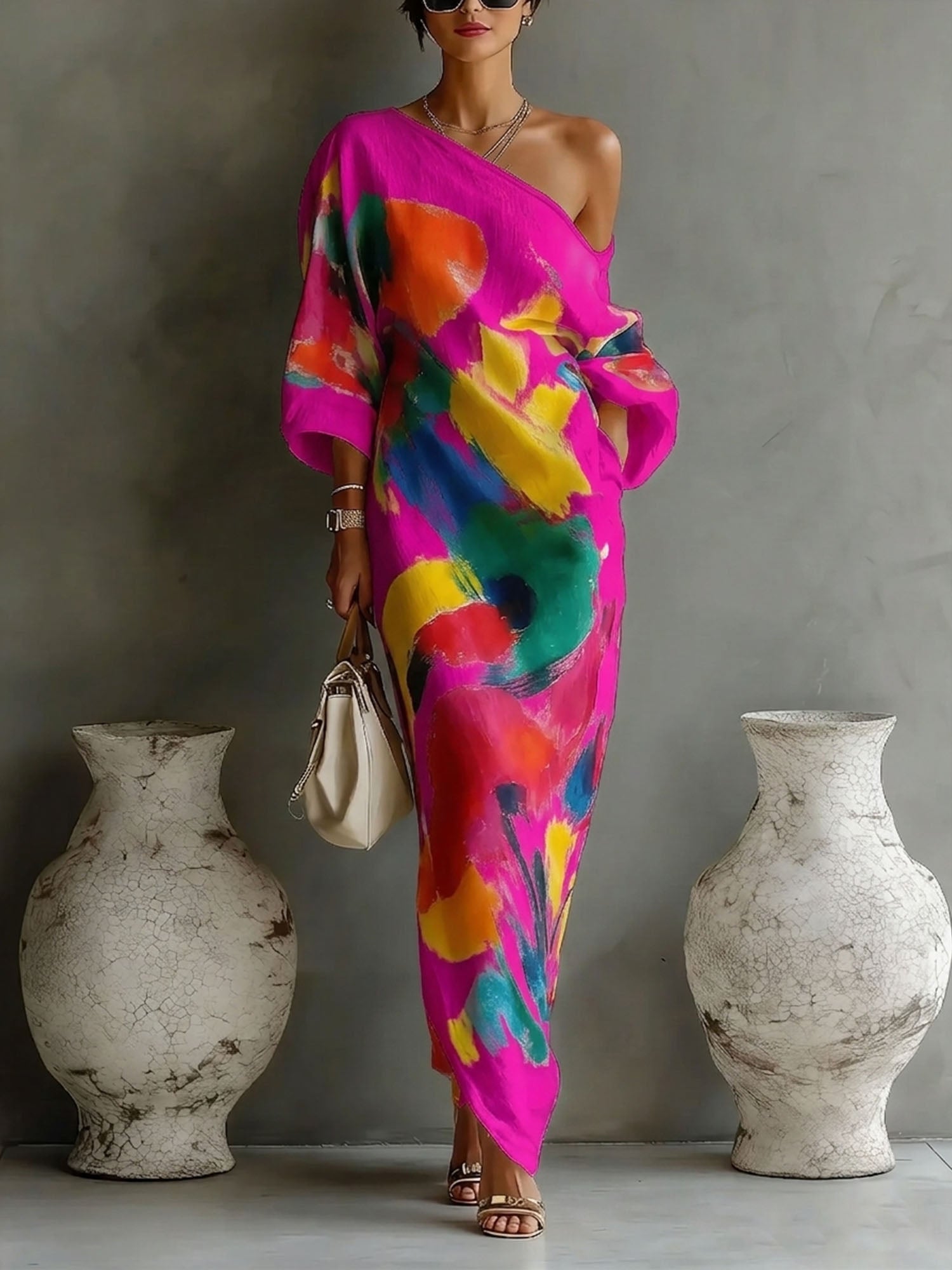 Women's Artistic Abstract Print Maxi Dress – Elegant Summer Evening & Occasion Dress