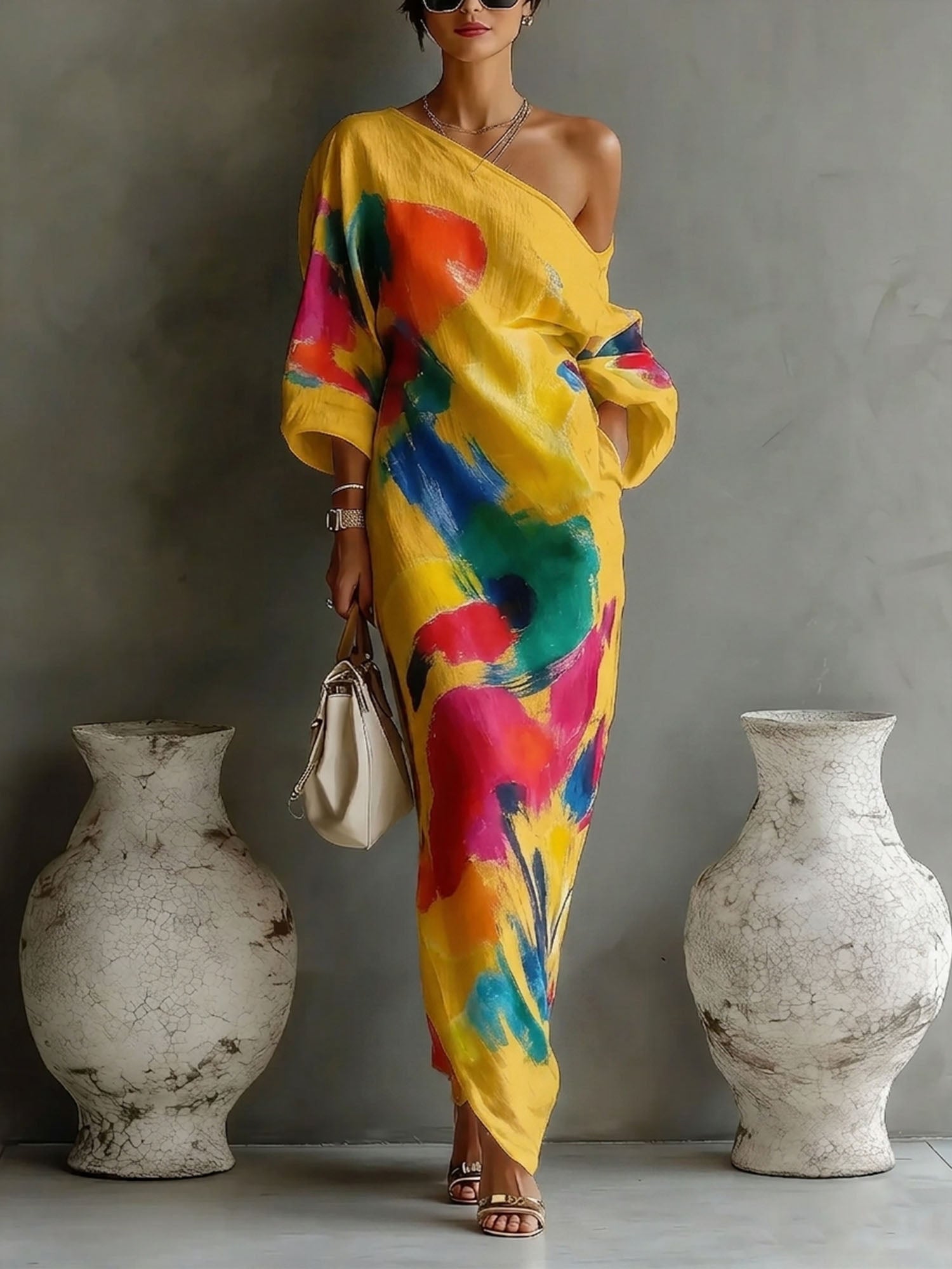 Women's Artistic Abstract Print Maxi Dress – Elegant Summer Evening & Occasion Dress