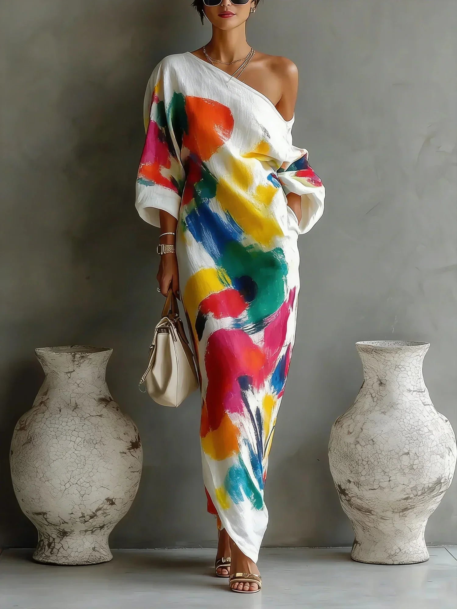 Women's Artistic Abstract Print Maxi Dress – Elegant Summer Evening & Occasion Dress