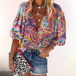 Women's Boho Floral V-Neck Blouse – Loose Fit Flared Sleeve Spring & Summer Top