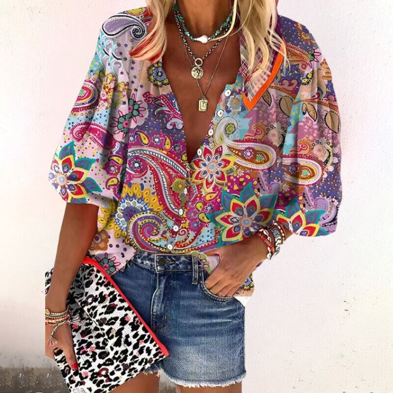 Women's Boho Floral V-Neck Blouse – Loose Fit Flared Sleeve Spring & Summer Top