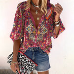 Women's Boho Floral V-Neck Blouse – Loose Fit Flared Sleeve Spring & Summer Top