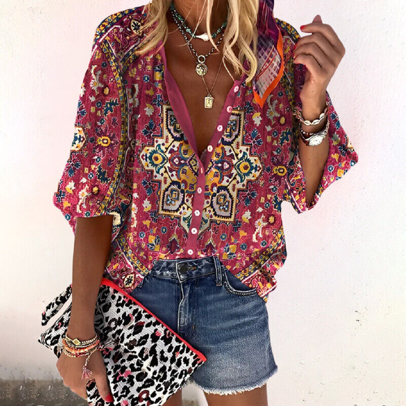 Women's Boho Floral V-Neck Blouse – Loose Fit Flared Sleeve Spring & Summer Top