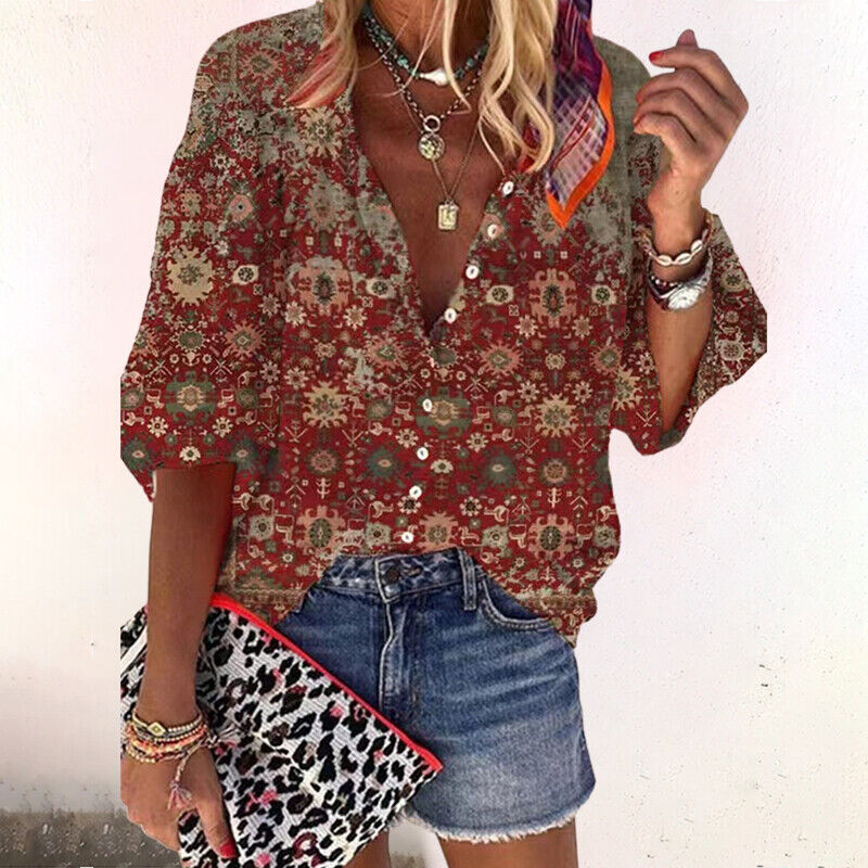 Women's Boho Floral V-Neck Blouse – Loose Fit Flared Sleeve Spring & Summer Top