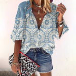 Women's Boho Floral V-Neck Blouse – Loose Fit Flared Sleeve Spring & Summer Top