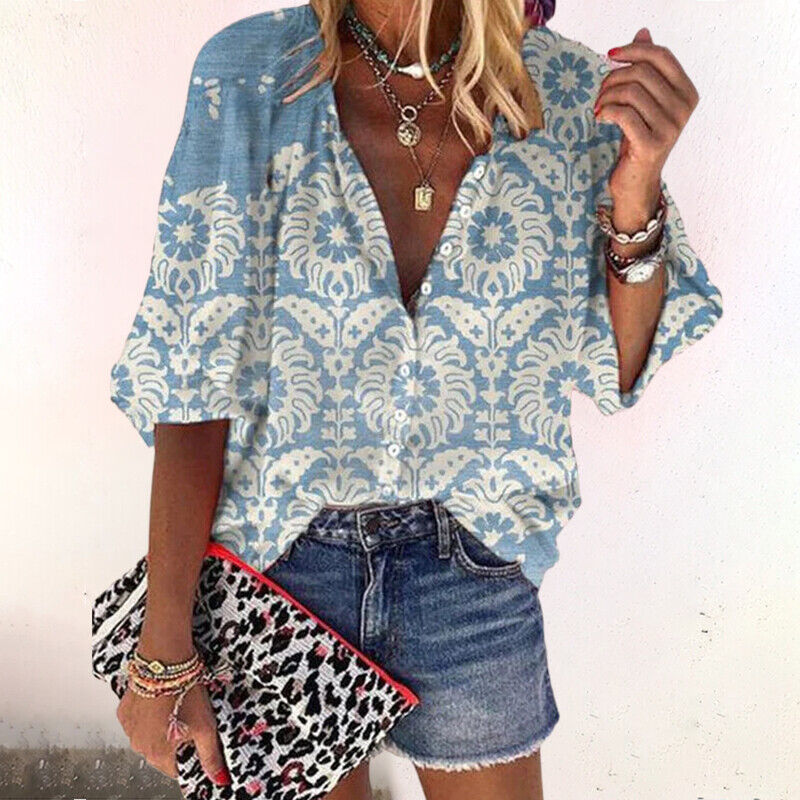 Women's Boho Floral V-Neck Blouse – Loose Fit Flared Sleeve Spring & Summer Top