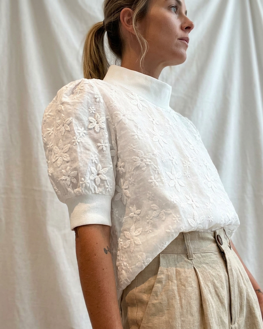 Women's Floral Embroidered Mock Neck Puff Sleeve Blouson Top – Casual Summer Top