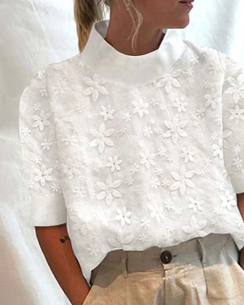 Women's Floral Embroidered Mock Neck Puff Sleeve Blouson Top – Casual Summer Top